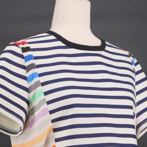 TANYA TAYLOR Rainbow Navy Stripe Short Sleeve Crop Crew Neck Top Size 10 - Picture 4 of 7